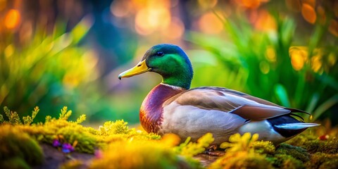 Obraz premium Close-Up of a Mallard Duck in Nature with Tilt-Shift Photography for Stunning Wildlife Imagery