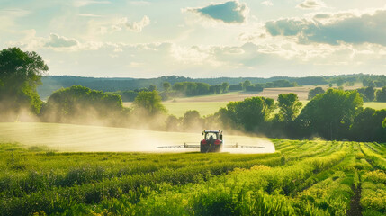 Fototapeta premium A tractor spraying water or chemicals on a vegetable field