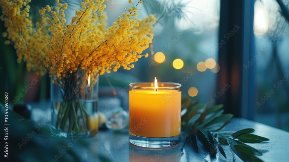 Poster close up of a decorative aroma candle placed on a table alongside mimosa creating an inviting and se