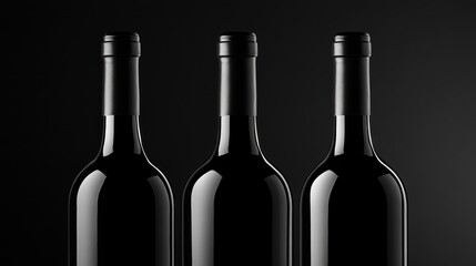 Three identical black wine bottles are arranged horizontally against a black background with the caps facing right