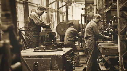 Vintage sepia image of workers in an industrial factory