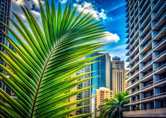Fototapeta premium Close-Up of a Palm Leaf in Urban Jungle - Nature Meets Architecture