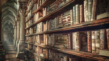 Fototapeta premium Books shelves in an old library or book store