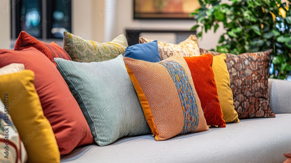 Aufkleber couch adorned with numerous pillows in an interior space featuring a banner and ample copy space