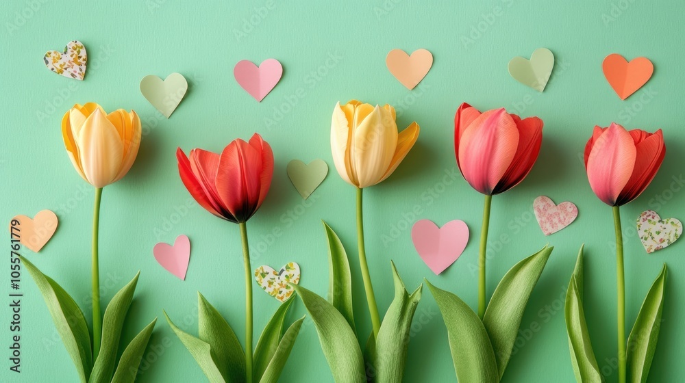 Poster spring tulip flowers arranged with paper hearts on a green tabletop for a cheerful greeting card des