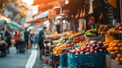 Fresh Produce Displayed in a Busy Market Street