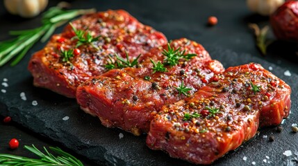Marinated meat seasoned with aromatic spices ready for grilling Fresh raw meat prepared for a flavorful grilling experience
