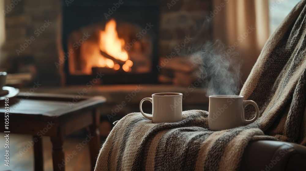 Poster Two steaming mugs rest on a wooden table near a fireplace accompanied by a cozy woolen blanket draped over a comfy armchair creating an inviting atmosphere for relaxation