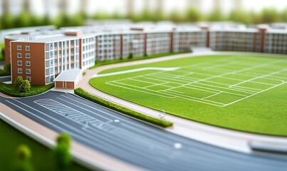 A miniature model of a sports complex with a green field and surrounding buildings.