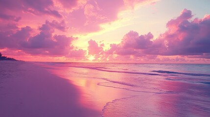 Pink sunset over a beach with water showcasing an atmospheric sky and vibrant clouds