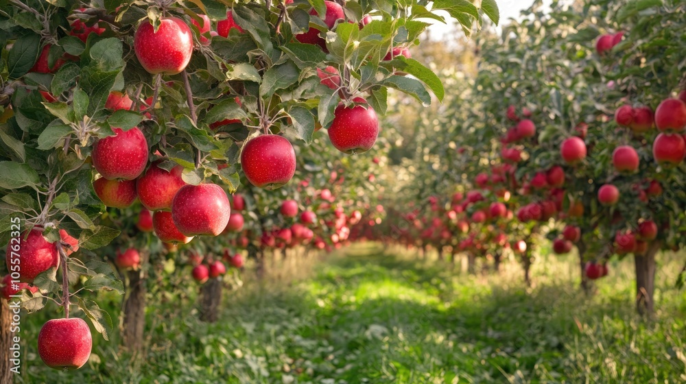 Poster abundant apple trees laden with ripe red fruit in a tranquil orchard setting