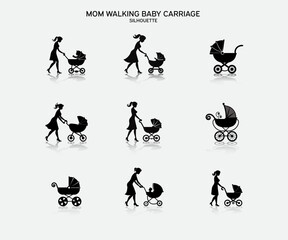 Mom walking with baby carriage silhouette set