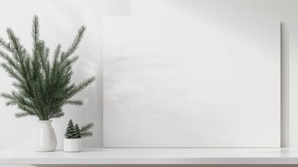 Christmas and New Year home decor concept featuring a blank white wall mock up with fir branches in a vase on a white table Enhanced through modern technology