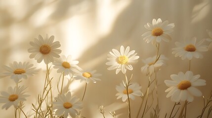 White daisies photographed in bright window light creating shadow patterns, styled against soft beige background for ethereal botanical composition.