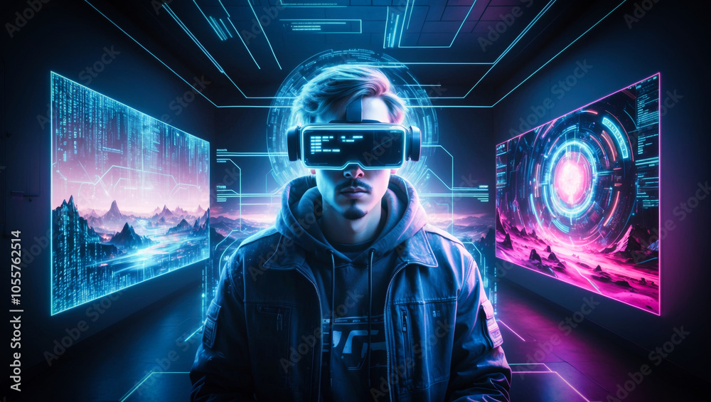 Poster a cyberpunk hacker in a virtual reality setting