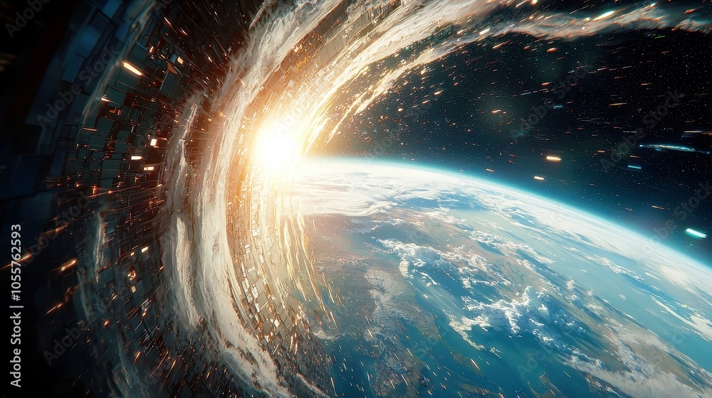 Poster futuristic global data network, visualizes dynamic data streams across an advanced earth, showcasing