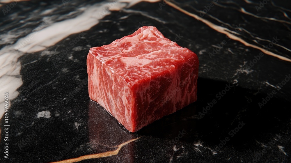 Poster perfect cube of wagyu beef resting on a black marbled surface accompanied by creative shadows