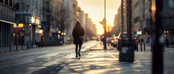 Obraz premium A solitary figure walks down a wet city street at sunset, surrounded by the glow of urban lights and the reflections on the glistening pavement.