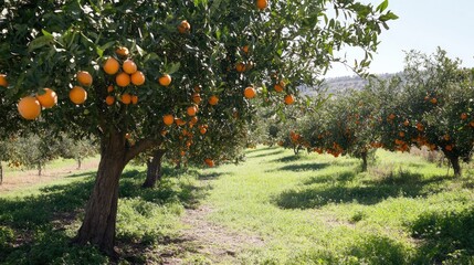 Branch of orange tree laden with ripe fruits in a fruit orchard
