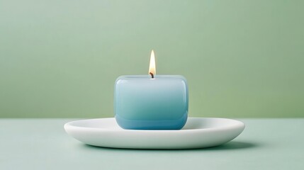 A single blue square bubble candle placed on a white oval against a soft green background