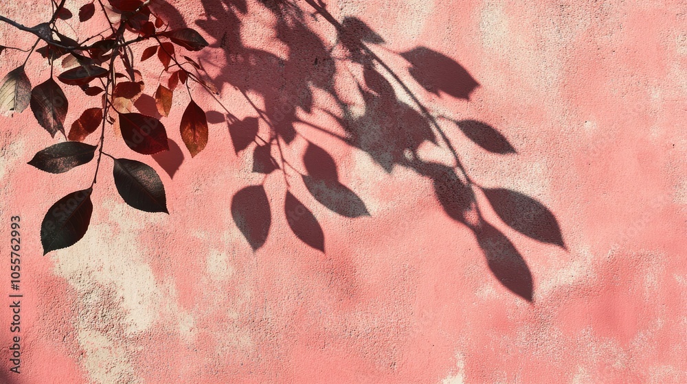 Poster Leaves shadow cast on a textured pink concrete wall featuring roughness and irregularities An abstract nature inspired background with space for text overlay or poster mockup