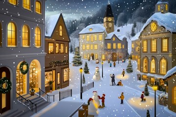 Fototapeta premium Winter Wonderland With Snow-Covered Village During Festive Season in the Evening Light