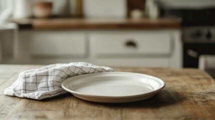 Empty plate and towel placed on a kitchen table
