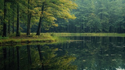 Still water near trees and grass