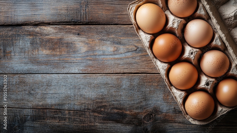 Poster fresh chicken eggs in a carton placed on a rustic wooden table
