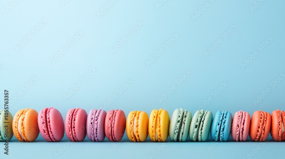 Poster Vibrant selection of colorful macarons lined up food backdrop ample space for text