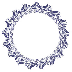 Intricate Blue Circular Frame with Decorative Swirl and Leaf Patterns for Artistic Use.