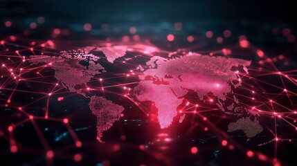 A digital world map with interconnected nodes, symbolizing global connectivity and technology.