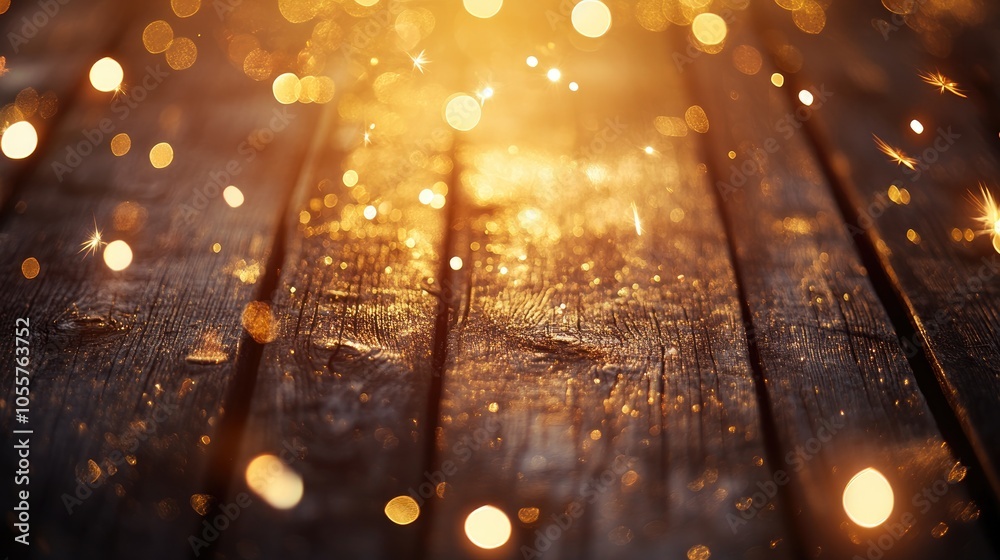 Poster bokeh effect with golden light flares and sparkler on a rustic wooden surface for a festive celebrat