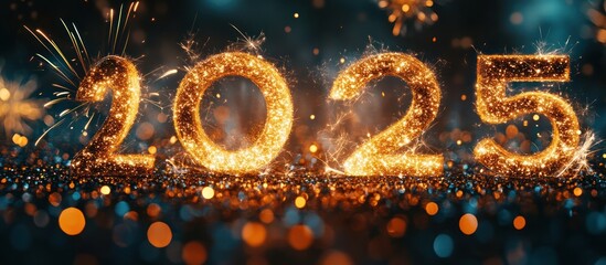 2025 made with sparkling fireworks on dark blue background with bokeh lights.