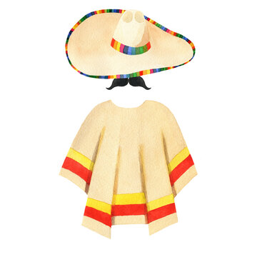 recommend clip art: Mexican poncho and sombrero with mustache isolated on a white background. Watercolor costume illustration. National male accessory clipart