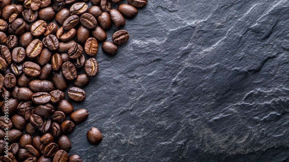 Poster close up of fresh roasted coffee beans on a dark stone surface a top view flat lay with ample space 