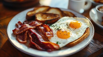 Hearty breakfast arrangement on a large plate featuring eggs bacon and toast presented on a rustic wooden table
