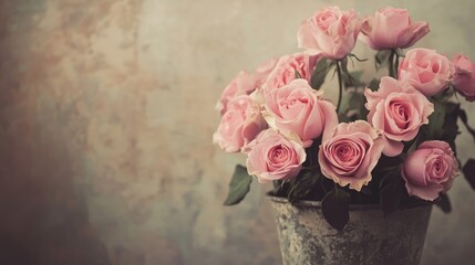 Vintage background featuring a pot filled with romantic pink roses