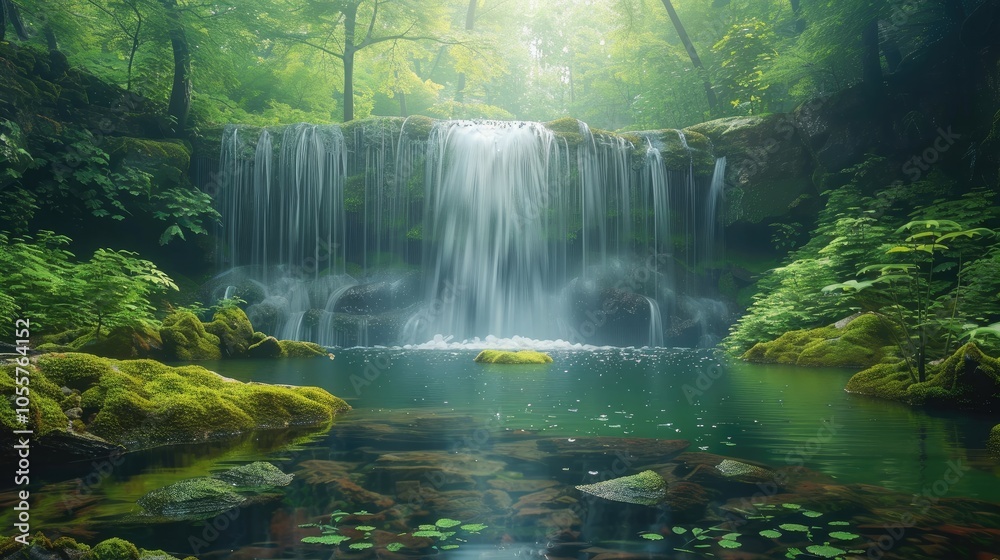 Poster a serene waterfall cascading into a small, crystal-clear pond surrounded by lush greenery, with moss