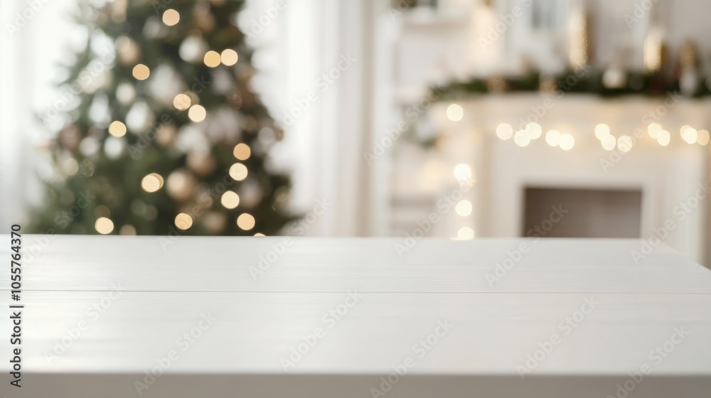 Poster blank white table with a blurred christmas tree in the background featuring ample copy space