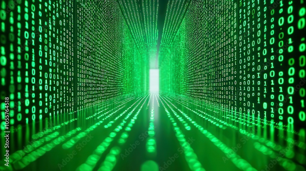 Poster green binary code cascading against a dark void, creating a futuristic digital landscape, evoking th