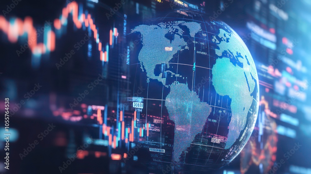 Poster a digital globe surrounded by financial data and graphs, symbolizing global markets.