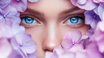 Close-up of Blue Eyes Surrounded by Lilac Hydrangea Petals