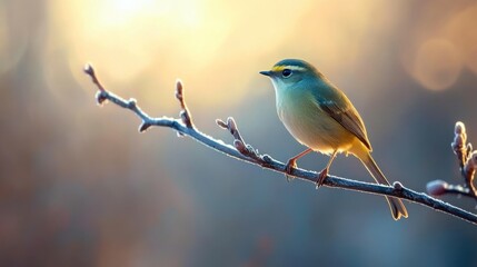 A Small Yellow Bird Perched on a Frosted Branch at Sunrise