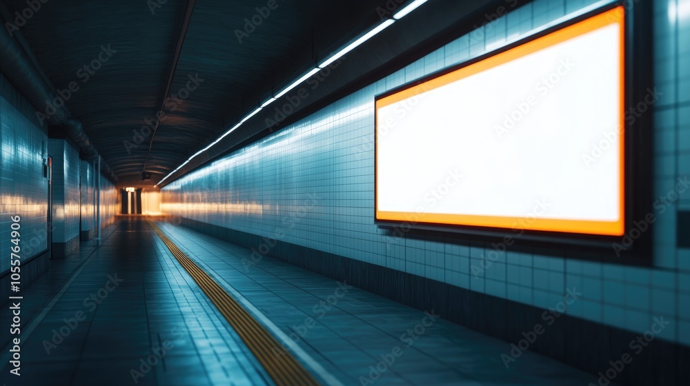Aufkleber empty digital billboard mockup in a dimly lit corridor of a train station featuring a vacant screen 