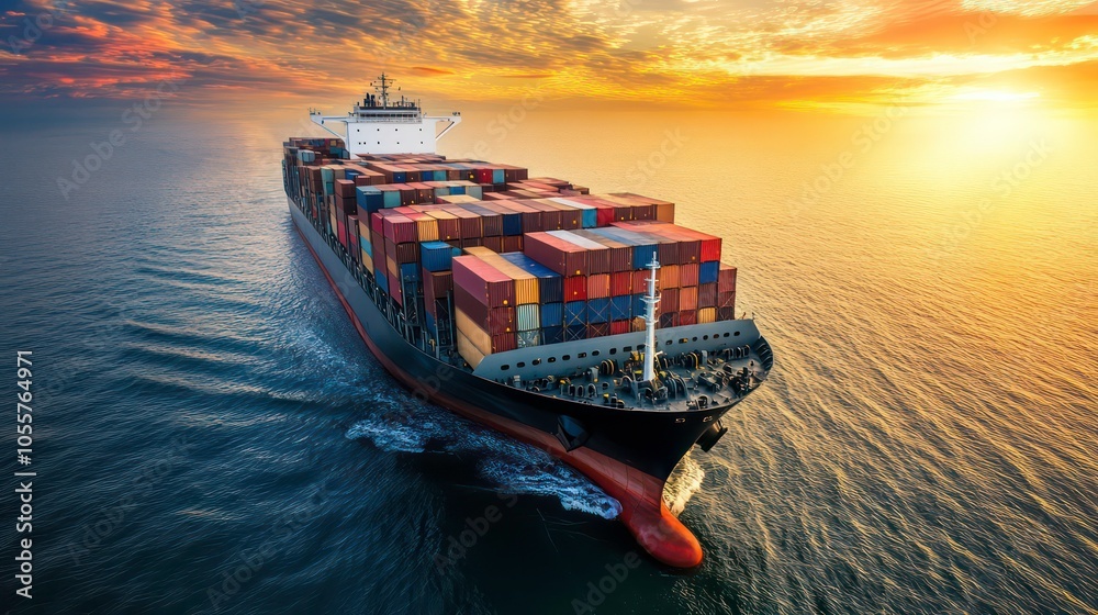 Poster a large cargo ship loaded with containers sailing across the ocean at sunset.