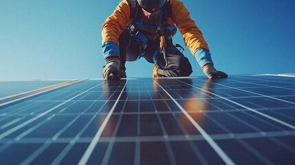 Technician Mounting Solar Cells on Rooftop