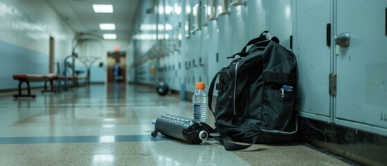A solitary backpack leans against gym lockers, encapsulating a moment of solitude and readiness in an empty hallway.