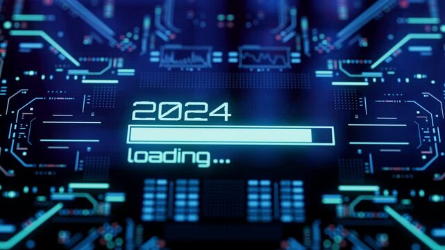 2024 new year progress bar on digital lcd display with reflection. Concept of new year, annual plan, growth strategy, business planning, investment trends and strategy road map.
