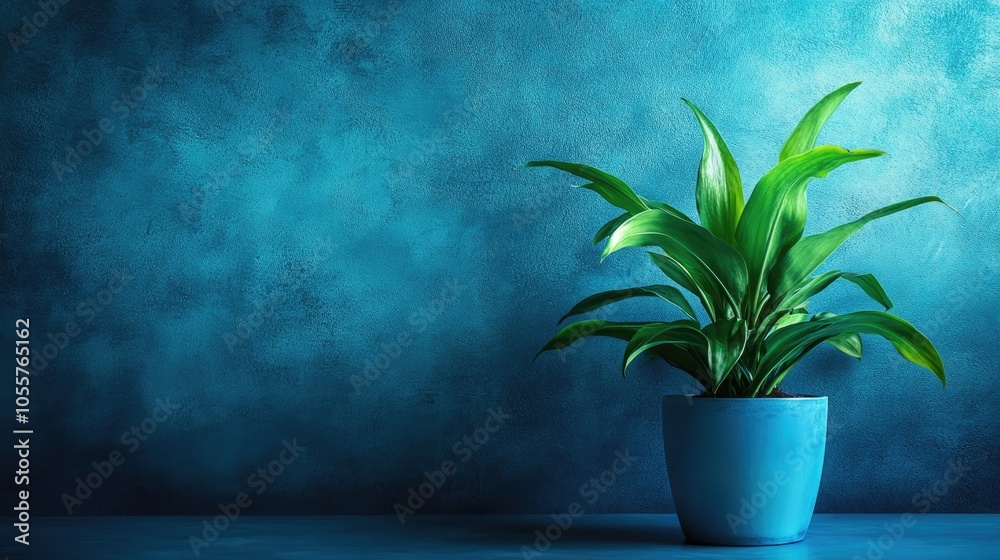 Poster A vibrant green plant in front of a calming blue concrete backdrop softly illuminated to create an enchanting atmosphere providing plenty of space for text